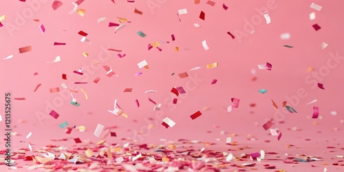 Close-up of falling confetti on bright pink background, with individual pieces floating gently in mid-air, macro, texture, details, fragments, paper