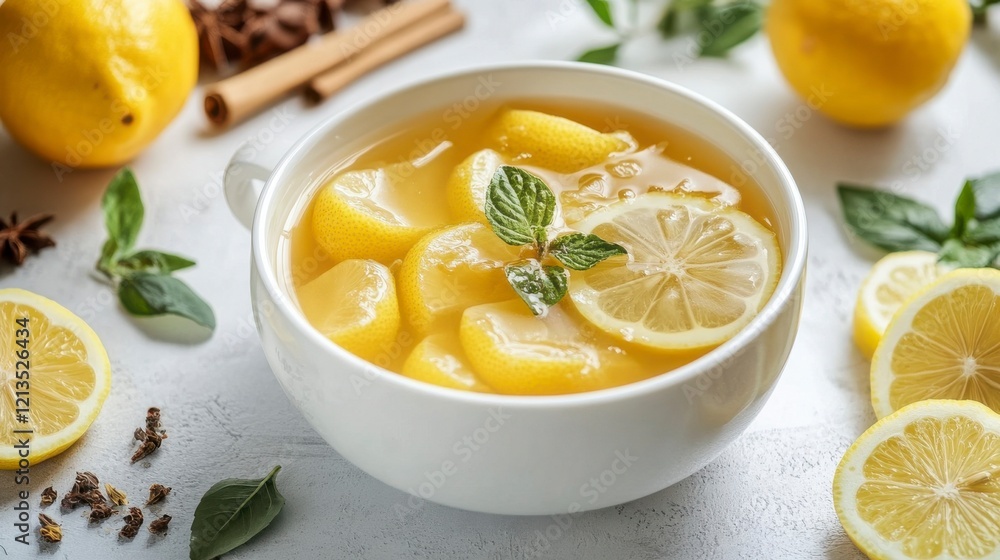 Lemon cream soup with herbs in a bowl Lemon cream soup with herbs in a bowl