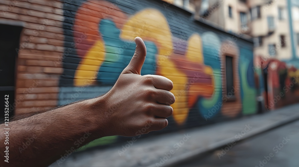 Obraz premium Vibrant Urban Background with a Hand Giving a Thumbs Up Gesture in a Colorful Street Setting
