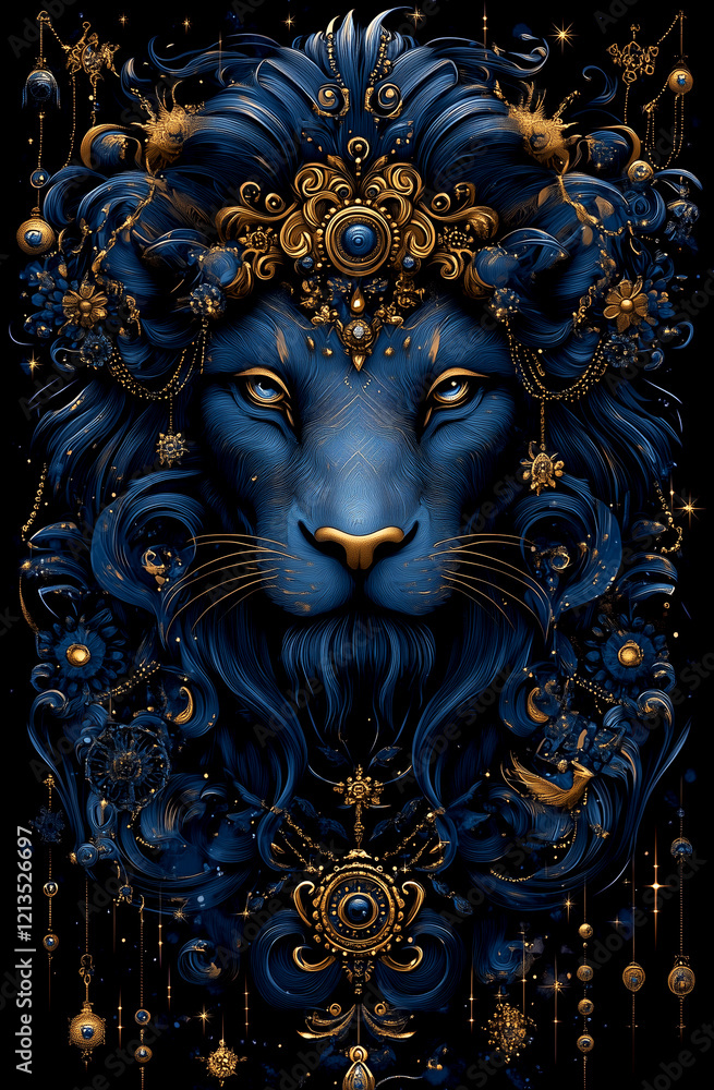 A blue lion with gold accents on its face. The lion is surrounded by a lot of gold and blue decorations A blue lion with gold accents on its face. The lion is surrounded by a lot of gold and blue decorations
