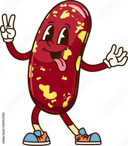 Groovy bean vegetable character. Cartoon vector red haricot seed with yellow spots and happy expression, sticking out its tongue. Cheerful veg personage teasing and promoting healthy eating