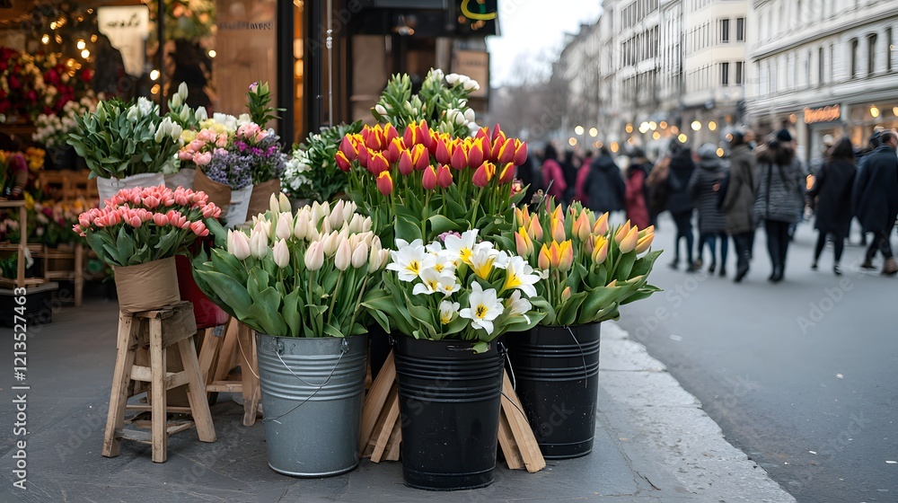 custom made wallpaper toronto digitalLively Street Corner Flower Shop with Colorful Bouquets and Busy Pedestrians in Urban Setting