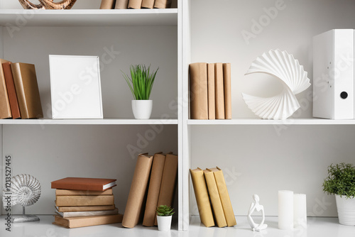 Shelves with books, houseplants and stylish decor, closeup photo