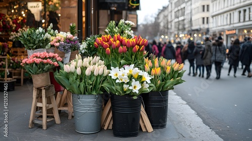 Wallpaper Mural Lively Street Corner Flower Shop with Colorful Bouquets and Busy Pedestrians in Urban Setting Torontodigital.ca