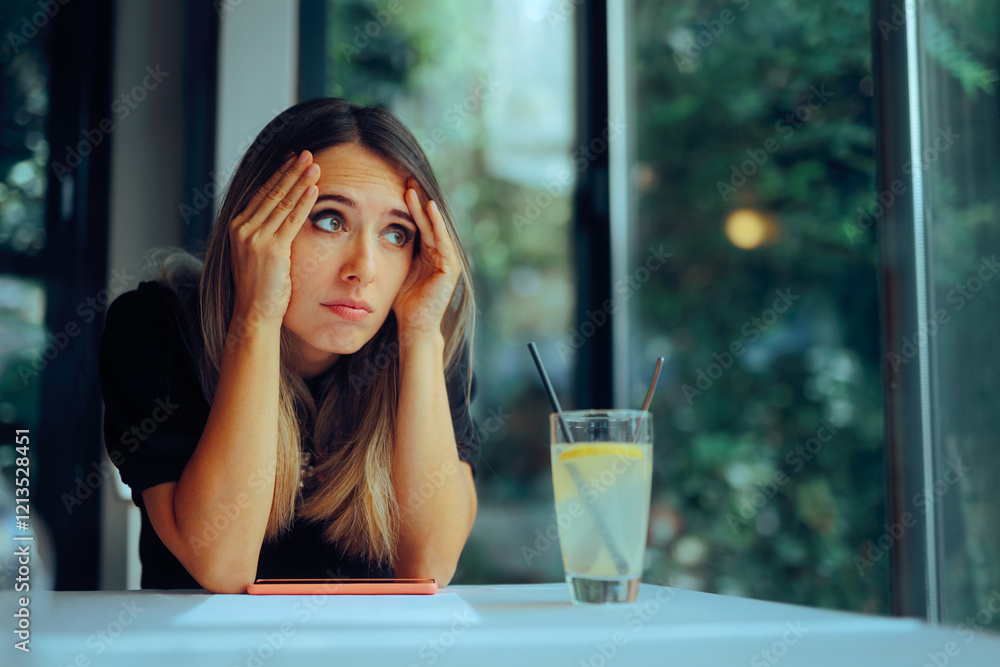 Worried Woman Waiting in a Restaurant Feeling Disappointed. Unhappy lady being stood up on a date being uncomfortable
Worried Woman Waiting in a Restaurant Feeling Disappointed. Unhappy lady being stood up on a date being uncomfortable
