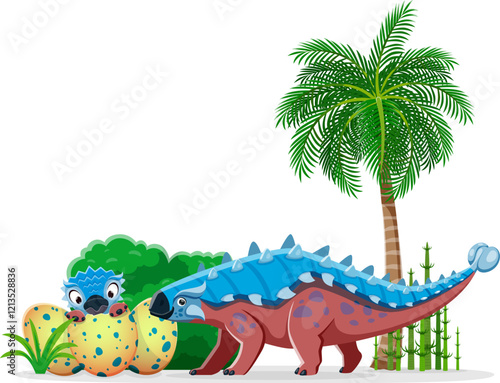 Prehistoric ankylosaurus mother dinosaur with kid in egg. Cartoon vector Late cretaceous era scene featuring an adult dino parent with blue spikes and a tail club, standing near nest of hatching baby