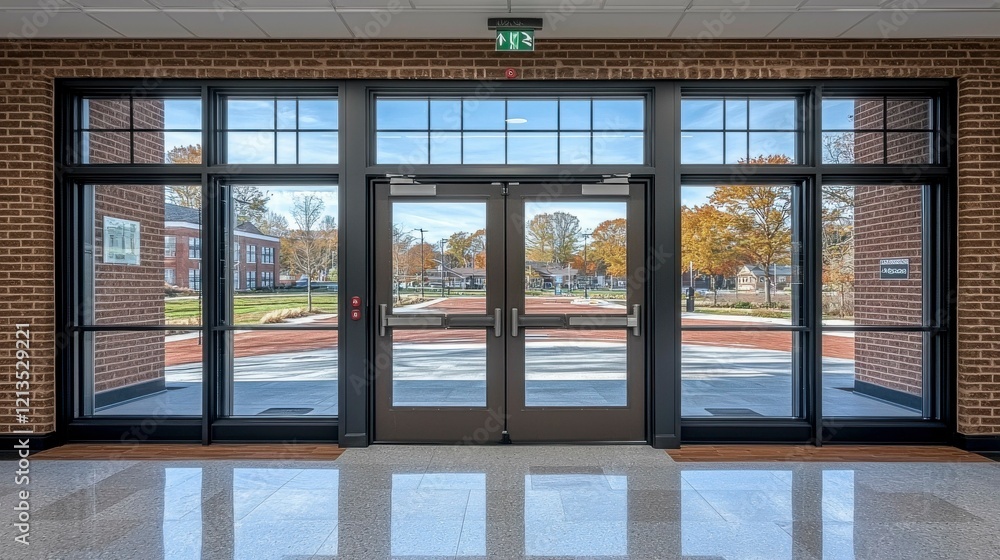 Fototapeta premium Blurry interior view of a school hallway corridor with a glass curtain wall, illuminated floor, and an empty entrance, blending natural and artificial light sources.