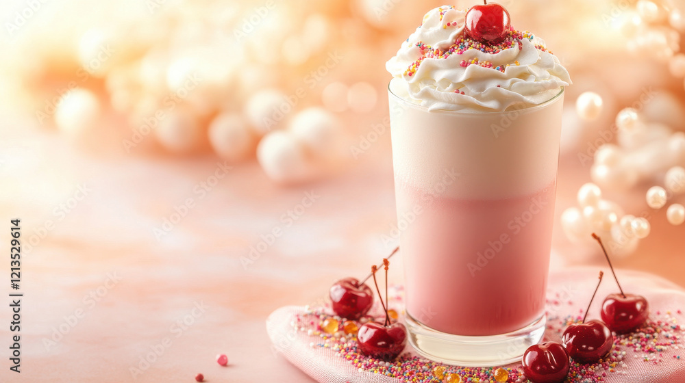 A tall glass of creamy strawberry milkshake topped with whipped cream and cherries, positioned on a gradient pink and orange tablecloth, candy sprinkles scattered around A tall glass of creamy strawberry milkshake topped with whipped cream and cherries, positioned on a gradient pink and orange tablecloth, candy sprinkles scattered around