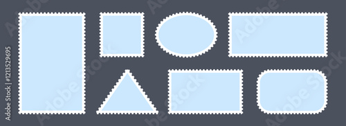Blue postage stamps set. Post stamp frames and borders. Ellipse, triangle, rectangle template for mail, postcard, letter, note. Jagged wavy edge forms. Vector zigzag objects for badge, sticker, photo