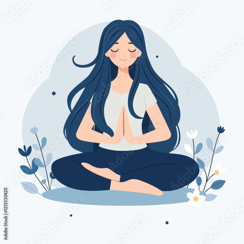 A woman meditates in nature and leaves. Conceptual illustration for yoga, meditation, relaxation, rest, healthy lifestyle. Vector illustration in flat cartoon