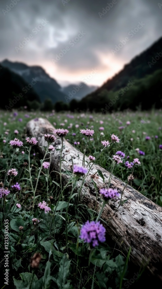 Obraz premium Serene Sunrise Meadow Purple Flowers Log Mountain Landscape