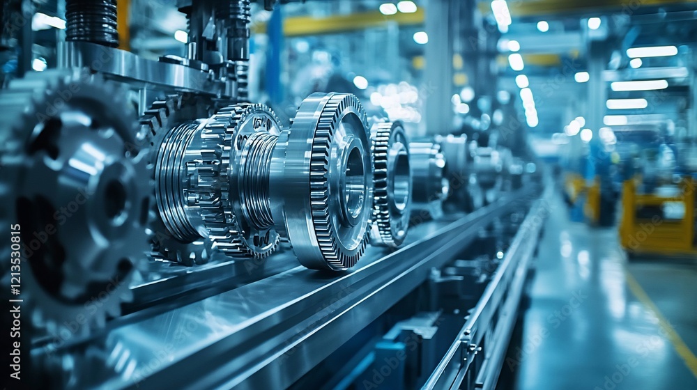 Close-up of intricate gears and machinery on a factory assembly line. Close-up of intricate gears and machinery on a factory assembly line.