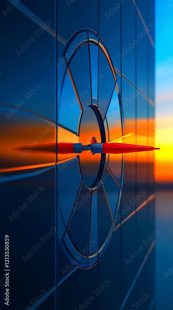 Precisely aimed arrow pierces target reflecting vibrant sunset hues. AI Generated Precisely aimed arrow pierces target reflecting vibrant sunset hues. AI Generated