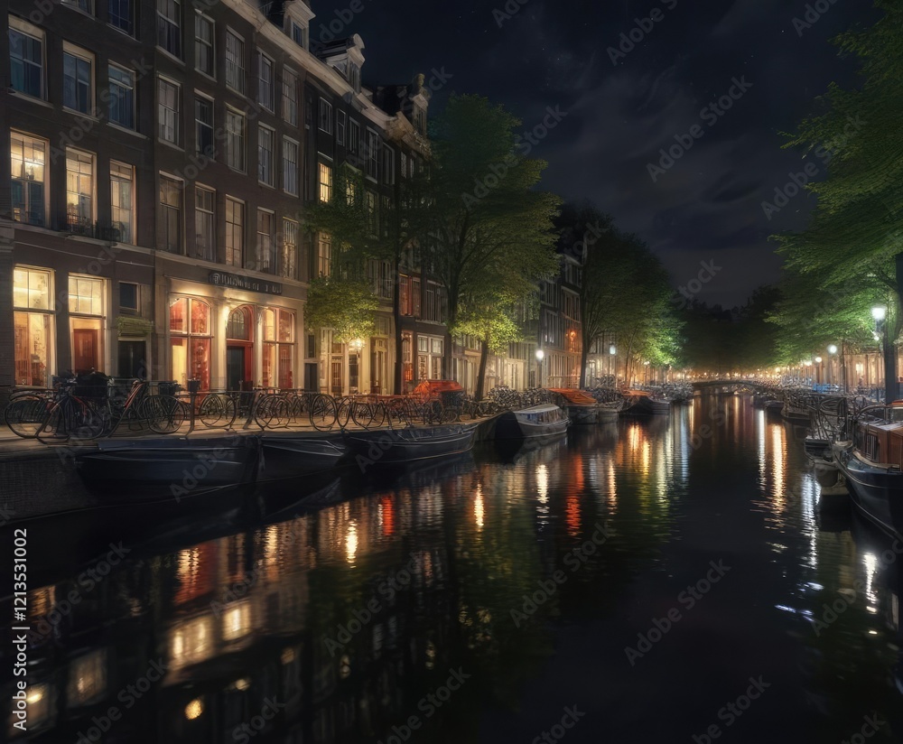 Fototapeta premium Boat trip through Amsterdam canals at night with city lights reflected on the water, water, reflection, amsterdam