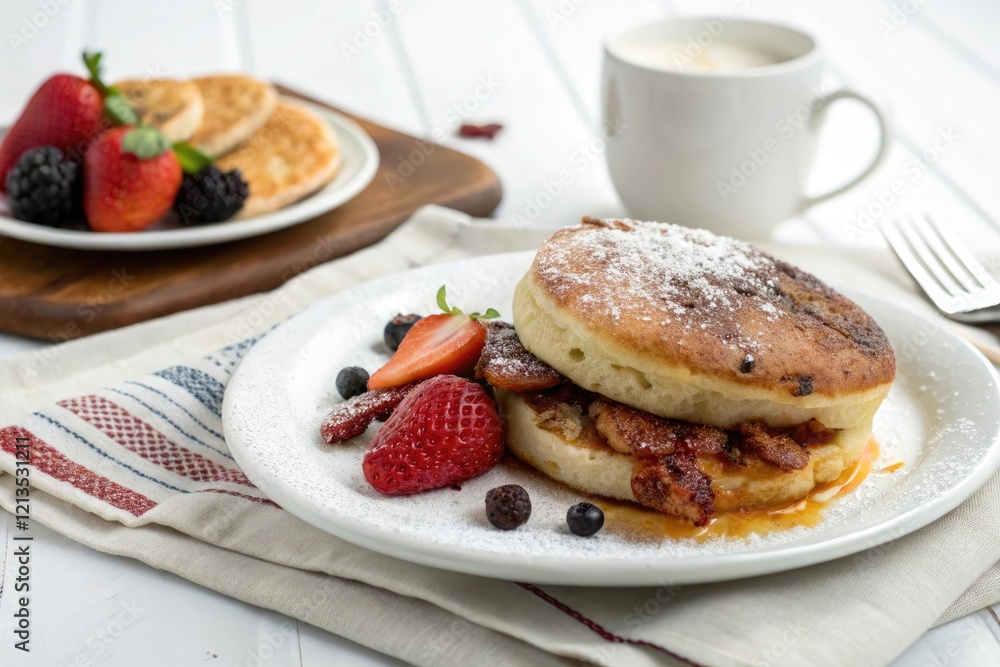 Breakfast food item sitting on a white background, baked good, pastry, savory, hot and fresh Breakfast food item sitting on a white background, baked good, pastry, savory, hot and fresh