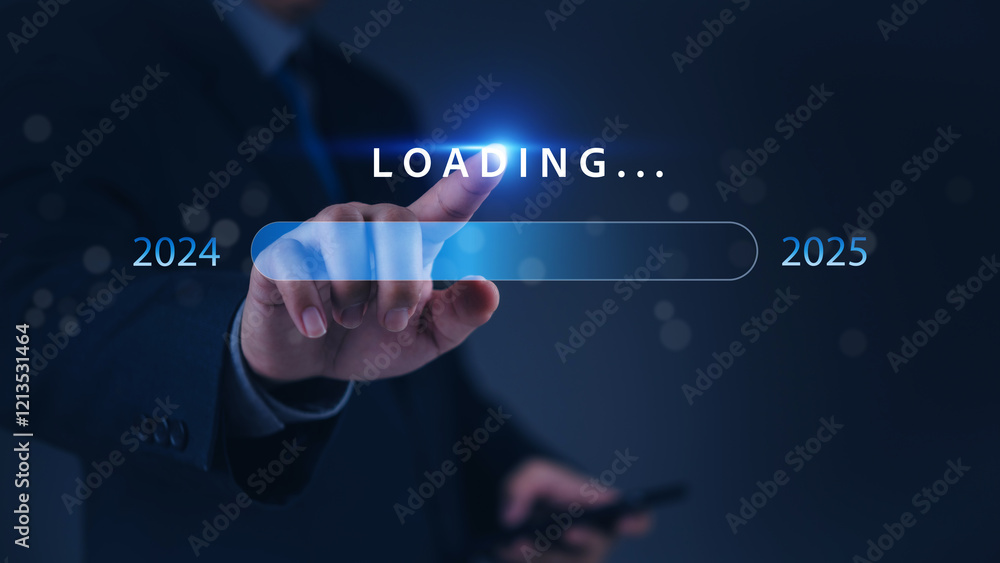 Obraz premium A hand pointing at a loading bar with a transition from 2024 to 2025 strategic planning, symbolizing progress and the future.
