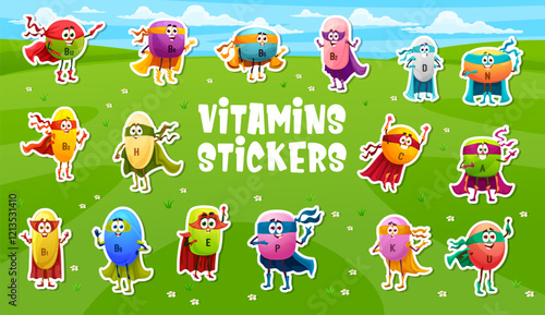 Stickers pack of superhero vitamin and micronutrient characters. Food supplement dragee hero cartoon vector comical personage, defender vitamin tablet or micronutrient pills character stickers set