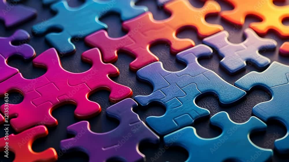 Vibrant puzzle pieces gradually interlocking in a mesmerizing sequence Vibrant puzzle pieces gradually interlocking in a mesmerizing sequence