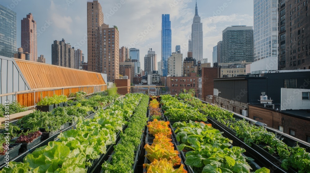 rooftop hydroponic garden in a bustling city, producing fresh vegetables for local consumption. rooftop hydroponic garden in a bustling city, producing fresh vegetables for local consumption.