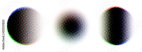 Round halftone gradient background set. RGB textured pixelated circle gradation. RGB color dotted fading shapes. Grunge ink press splash stains and blots. Print production raster glitch. Vector