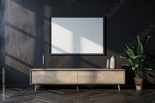 3D Rendering of a Living Room Interior with a Mockup Frame on a Cabinet Against an Empty Dark Wall