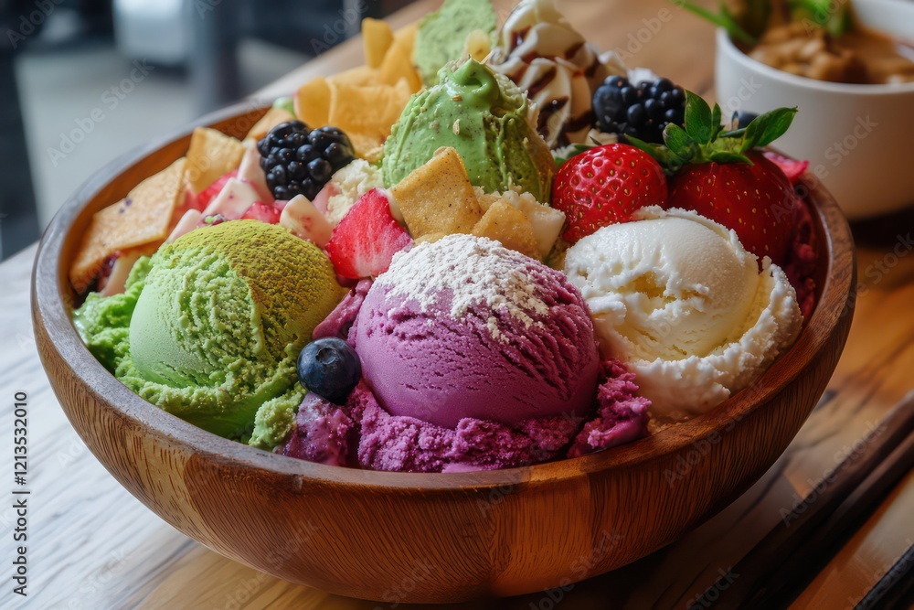A wooden bowl filled with vibrant ice cream flavors like matcha, vanilla, and strawberry, surrounded by toppings. A wooden bowl filled with vibrant ice cream flavors like matcha, vanilla, and strawberry, surrounded by toppings.