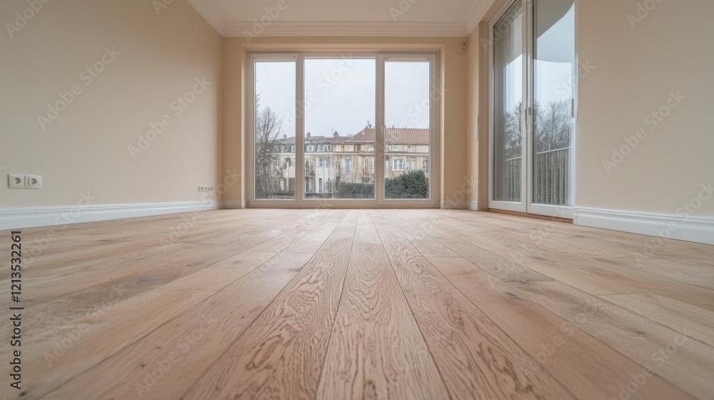 Fototapeta premium Modern Empty Room Hardwood Floor Large Windows City View New Apartment Real Estate
