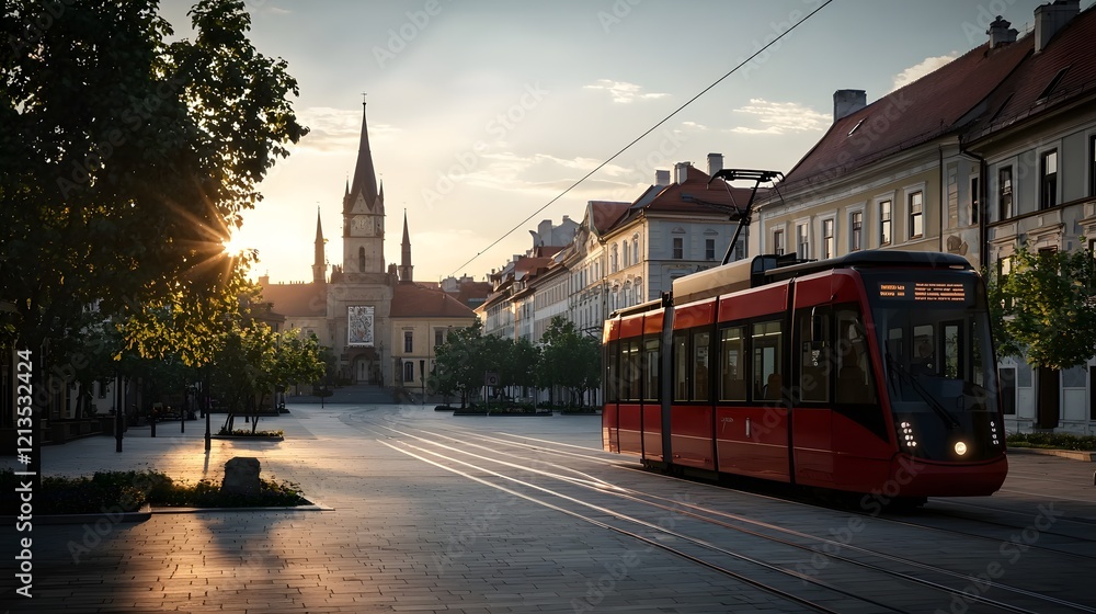 Naklejka premium Red Streetcar Parked on Quiet Street at Sunset with Historic Church in the Background