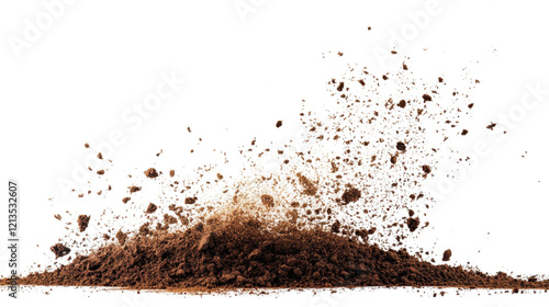 Dirt flying, soil pile scattered isolated on white background