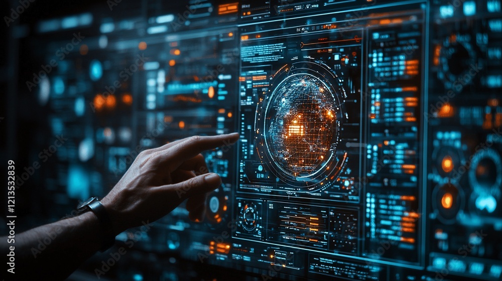 Obraz premium Hand interacting with futuristic digital interface showing global network data.