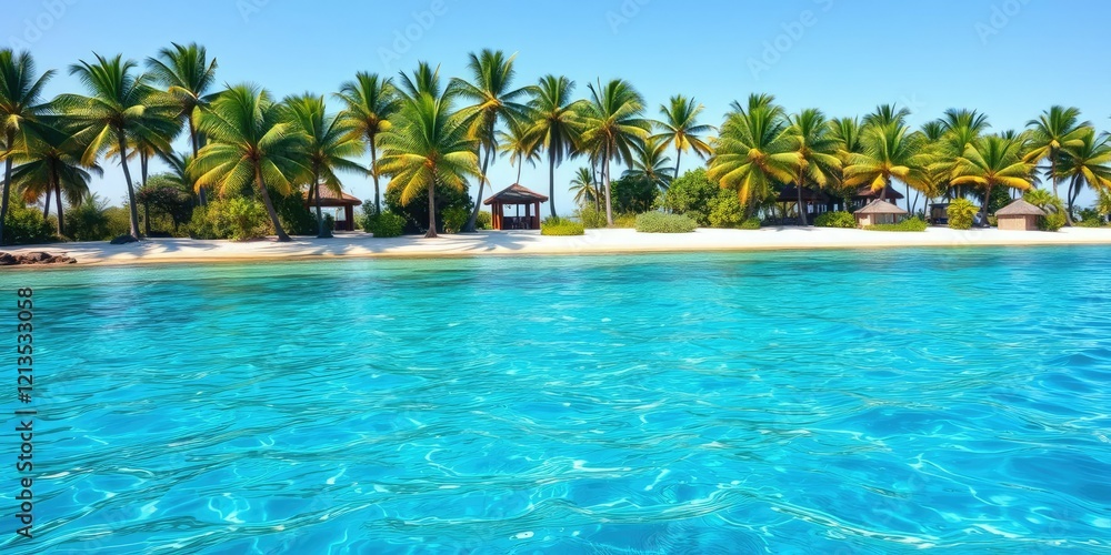 Clear blue waters lapping against palm-lined shores, ocean, palm trees Clear blue waters lapping against palm-lined shores, ocean, palm trees
