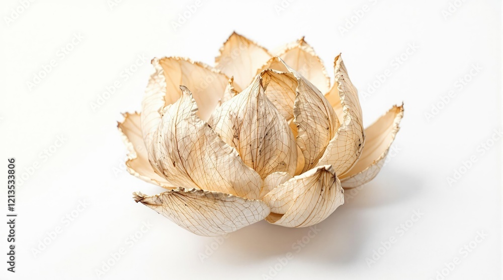 Close up of dried lotus blossom on white backdrop, petals, dry Close up of dried lotus blossom on white backdrop, petals, dry