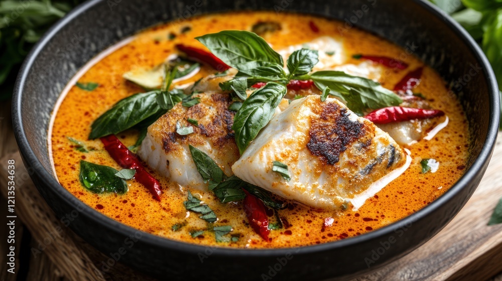 Delicious Creamy Red Thai Cod Curry in a Dark Bowl Delicious Creamy Red Thai Cod Curry in a Dark Bowl