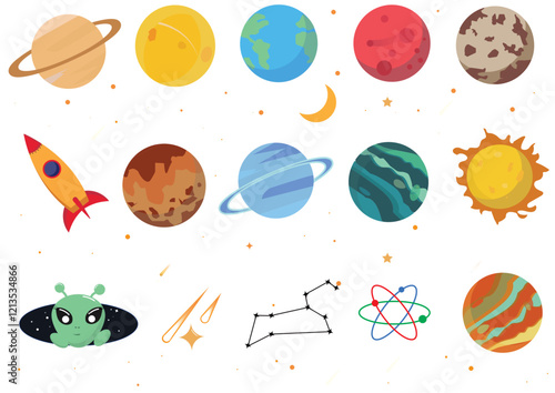 Outer Space Planets, Rocket, and Astronomical Icons Set A vibrant collection of outer space-themed illustrations, including planets, the sun, a rocket, an alien, constellations, and shooting stars. 