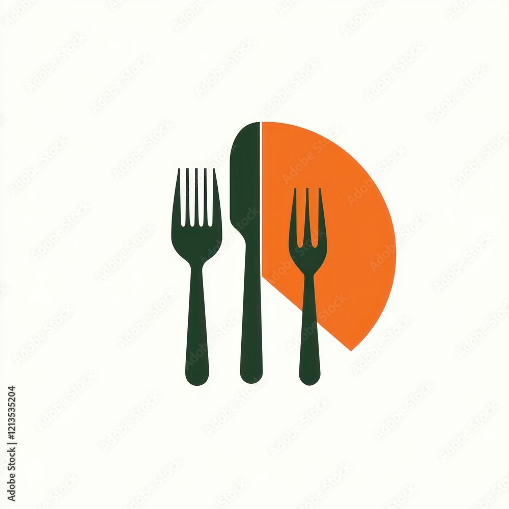 Restaurant cutlery logo design, orange plate background, food industry graphic Restaurant cutlery logo design, orange plate background, food industry graphic