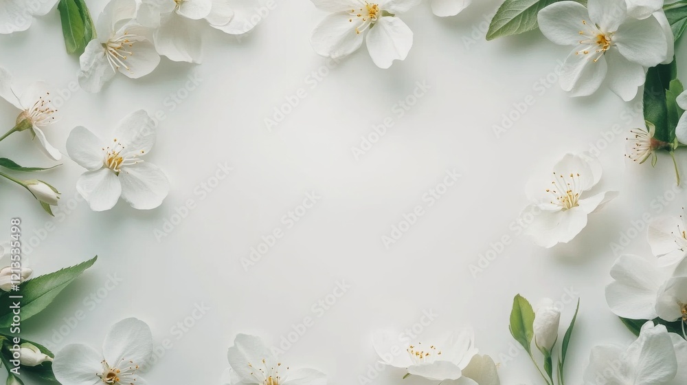 Spring floral border background with delicate white blossom flowers and elegant copy space for seasonal designs, nature-themed graphics, and fresh springtime greetings Spring floral border background with delicate white blossom flowers and elegant copy space for seasonal designs, nature-themed graphics, and fresh springtime greetings