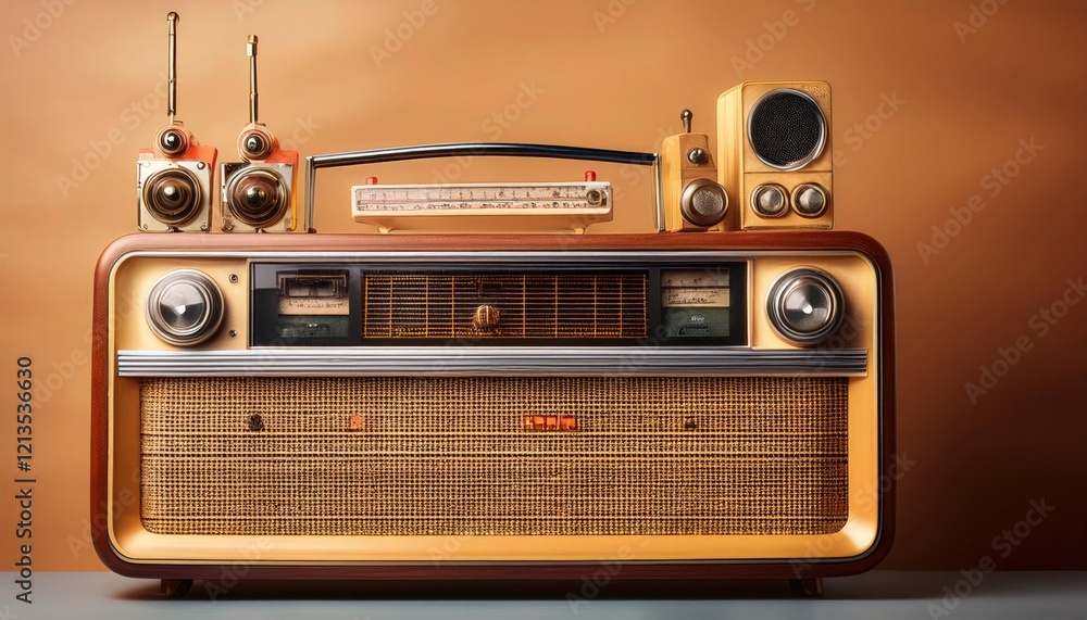 Fototapeta premium Blend of Vintage and Modern Radios Surrounded by Interconnected Lines, Symbolizing Global Communication Network