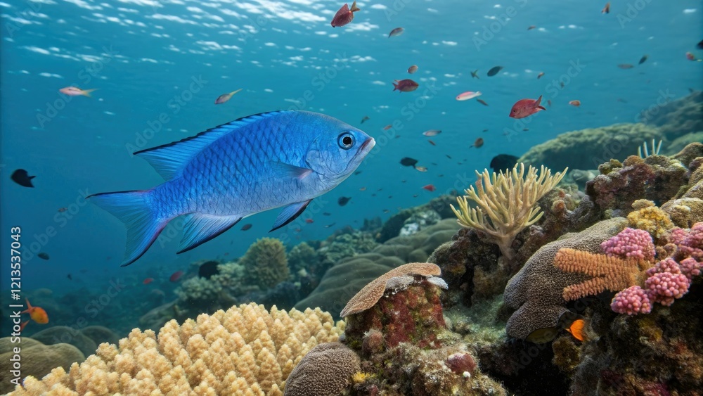 Fototapeta premium An iridescent blue damselfish swims gracefully amidst the vibrant coral formations of a shallow reef, fish swimming, colorful fish, sea creatures