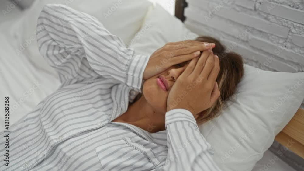 Woman in pajamas lying on bed covering face in bedroom looking distressed and tired with hands over eyes expressing emotion. Woman in pajamas lying on bed covering face in bedroom looking distressed and tired with hands over eyes expressing emotion.