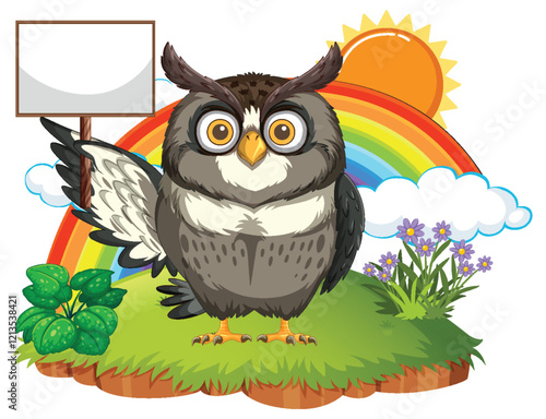 Owl with Rainbow and Sun Illustration