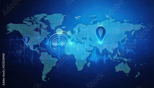 World Map with Markers and Dynamic Sound Symbols, Capturing Global Radio Listening and Audio Enjoyment photo