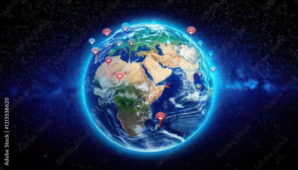 Obraz premium Symbolic Representation of Radio Listeners and Audio Entertainment with Globe and Location Pins