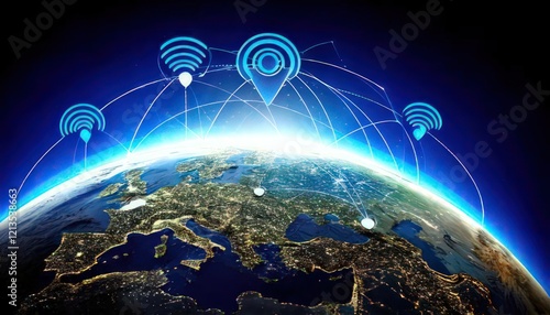 Symbolic Representation of Radio Listeners and Audio Entertainment with Globe and Location Pins photo