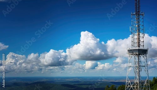 Radio Tower Against Clear Blue Sky with Soft Clouds in the Background photo