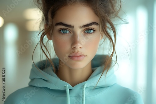 Close-up portrait of a young woman with blue eyes and messy bun, wearing a light blue hoodie.