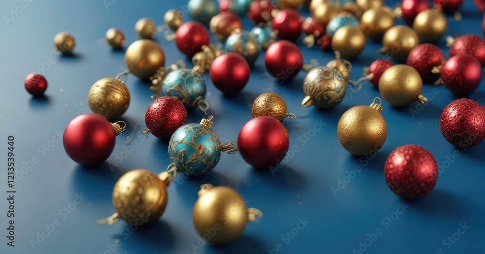 Blue background with scattered red and gold Christmas ornaments on a table, colored ornaments, colorful holiday decor Blue background with scattered red and gold Christmas ornaments on a table, colored ornaments, colorful holiday decor