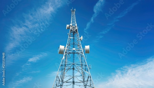 Radio Tower Against Clear Blue Sky with Soft Clouds in the Background photo