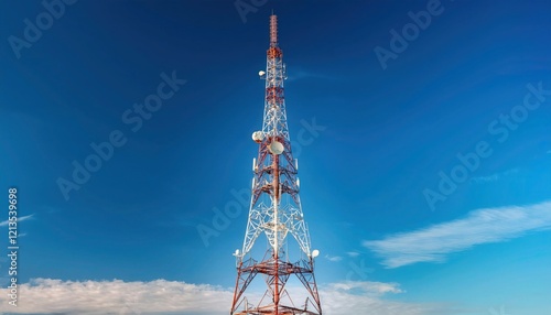 Radio Tower Against Clear Blue Sky with Soft Clouds in the Background photo