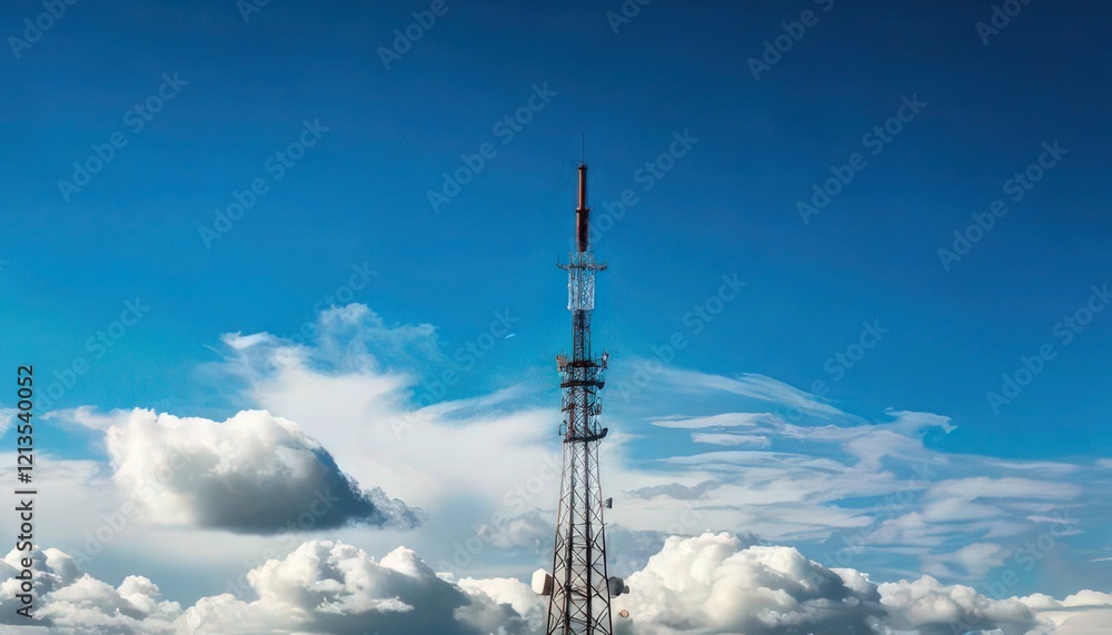Radio Tower with Clear Blue Sky and Soft Clouds in the Distance Radio Tower with Clear Blue Sky and Soft Clouds in the Distance