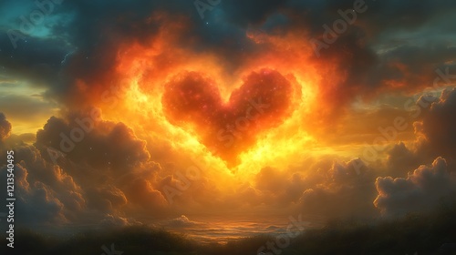 Fiery heart-shaped cloud formation in a dramatic sunset sky.